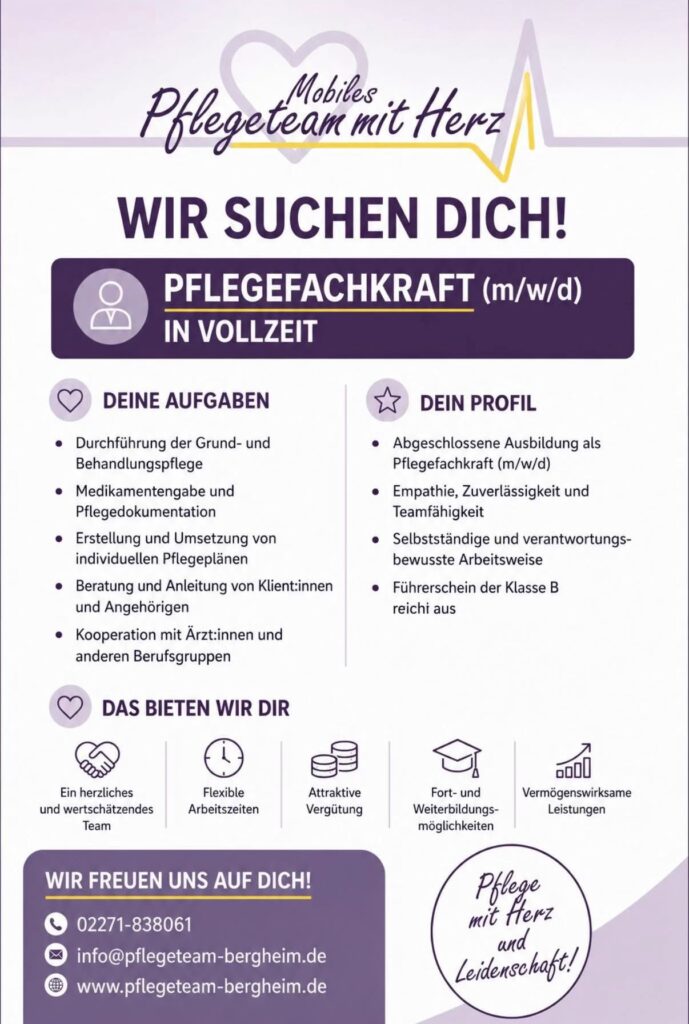 Eine Stellenausschreibung für die Position Pflegefachkraft in Vollzeit.